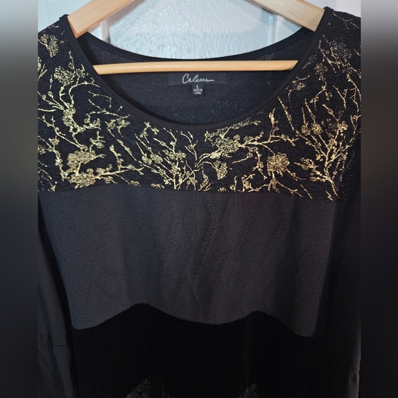 Calessa Black Gold Floral Velvet Lace Hem Tunic Top L - Picture 3 of 8